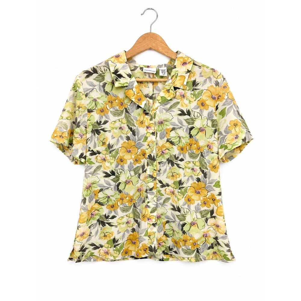 Jaclyn Smith Yellow Floral Short Sleeve Blouse Top Button-Up Size Large